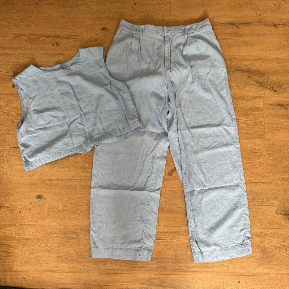 A New Day Coastal Blue Linen Blend Pants & Top Set